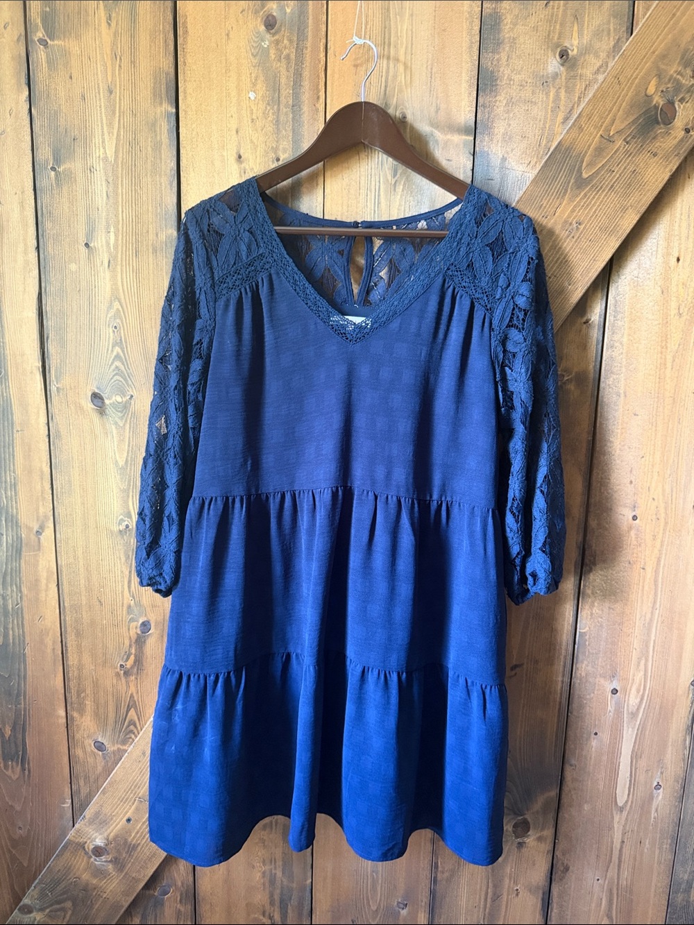 Skies Are Blue Navy Lace-Sleeve Tiered Mini Dress